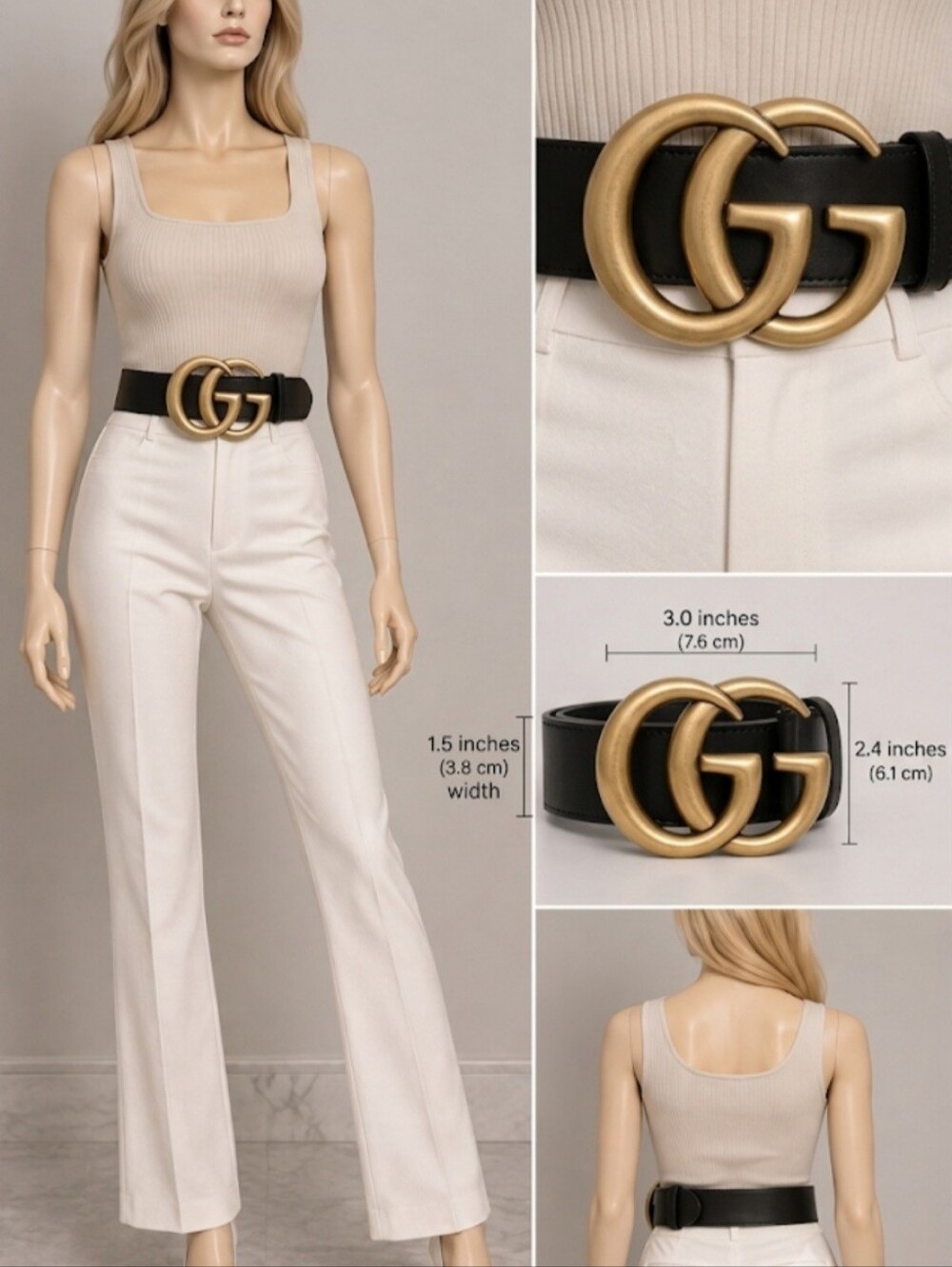 Gucci Signature Black Leather Belt with Gold GG Marmont WIDE Buckle Sz 90 Cm
